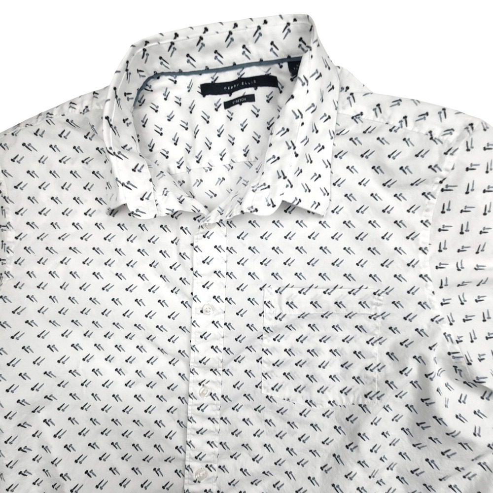 Perry Ellis Men's White Short Sleeve Button Up Shirt Size XL Screw Print Stretch